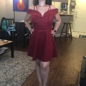 Red faux suede off the shoulder mini dress